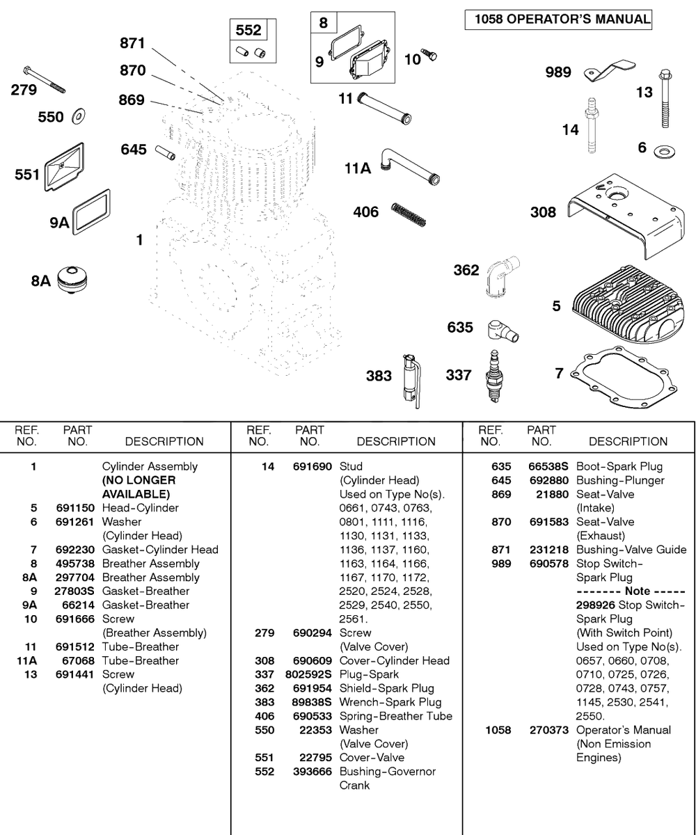 Cylinder, Head, Breather Diagram and Parts List for 243432-0737-XX  Briggs and Stratton Engine
